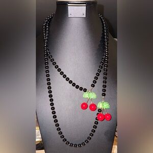 Betsey Johnson Black Beaded Necklace with Red Cherry Charms